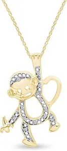 Authentic Hanging Monkey Pendant Natural Round Diamond Accents Sterling 18" Necklace