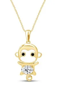 Authentic Simulated Oval Diamond Cute Monkey Animal Cartoon Necklace in 14K Gold Plated