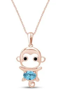 Authentic Oval Simulated Diamond Aquamarine Monkey Animal Cartoon Necklace 14K Gold Plated