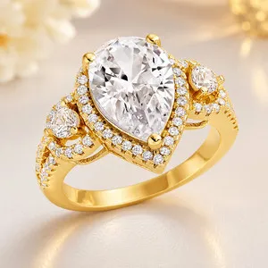 Authentic Certified Pear Cut 14K Yellow Gold Plated Moissanite Engagement 3.00 Ct Ring
