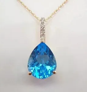 Authentic 14k Yellow Gold Plated 2.20Ct Pear Cut Lab-Created Blue Topaz Teardrop Pendant