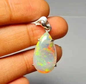Authentic Natural Fire Opal 5Ct Pear Cut Solitaire Pendant 14K White Gold Plated Chain 18'