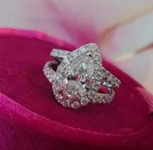 Authentic Halo Pear Lab Created Diamond Wedding Engagement Ring 14k White Gold Plated