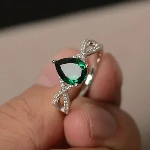 Authentic 2Ct Pear Cut Lab Created Emerald Solitaire Engagement Ring 14k White Gold Plated
