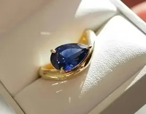 Authentic 2Ct Pear Cut Lab Created Sapphire Women's Engagement Ring 14K Yellow Gold Plated