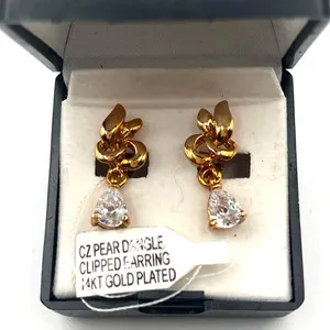 Authentic KAS 14KT Gold Plated CZ Pear Dangle Clip-On Earrings Faux Diamond Jewelry NIB