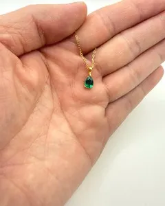Authentic 2 CT Pear Green Emerald Solitaire Pendant With Chain 14K Yellow Gold Plated