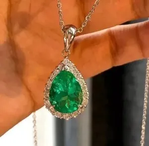 Authentic 3.50CT Pear Cut Lab-Created Emerald Women Teardrop Pendant 14K White Gold Plated