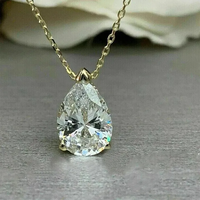 Authentic Tear Of Light Pear Cut Solitaire Talisman Pendant On Golden Chain