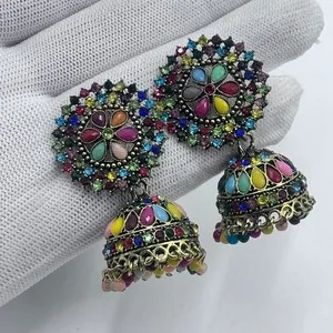 Authentic Gold Plated Jhumka Dangle Earrings for Women Artificial Stone Ethnic Jewelry