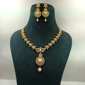 Authentic South Indian Ethnic Pearl 22k Gold Plated Necklace Matching Earrings Jewelry Set