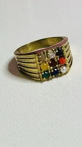 Authentic Celestial Navratna Harmony Ring - Sacred Nine-Gemstone Gold Plated Talisman Size 10.5