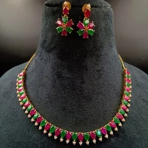 Authentic Handcrafted Ruby Emerald Pearl Jewelry Set 22k Gold Plated Ethnic Statement Set