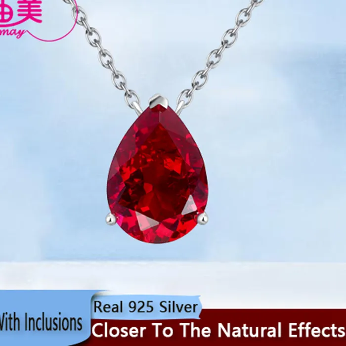 Authentic Cadermay Pear Lab Grown Ruby Pigeon Blood Red S925 Sterling Silver Chain Necklace Jewelry Anniversary