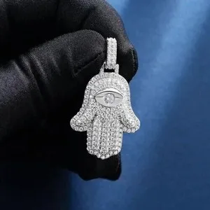 Authentic Men's 3.00CT Lab Created Diamond Hamsa Hand Pendant Charm 14K White Gold Plated
