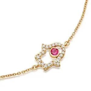 Authentic Lab Created Pink Sapphire Hamsa Hand Bracelet 14K Yellow Gold Plated Adjustable