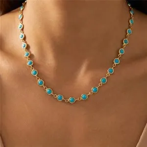 Authentic 14K Yellow Gold Plated Round Sleeping Beauty Turquoise Station Necklace Lobster