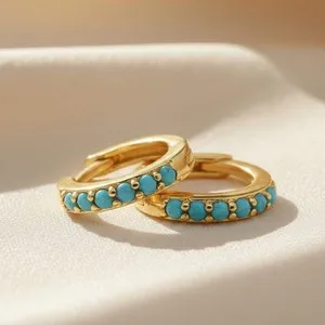 Authentic Celestial Turquoise Protection Huggies - Sacred December Birthstone Gold-Plated Hoops