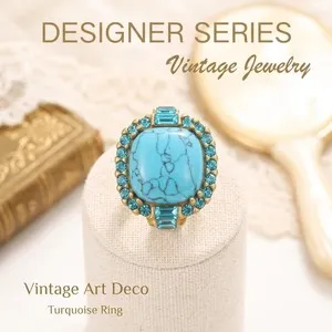 Authentic Vintage Turquoise Adjustable Ring Art Deco, Gold Plated Prong Set Statement