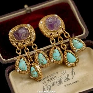 Authentic Blossom of the Blue Horizon - Vintage Turquoise & Radiant Gold Alchemical Earrings