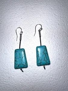 Authentic 14k White Gold Plated, Turquoise Simulant And Leather Dangle Earrings