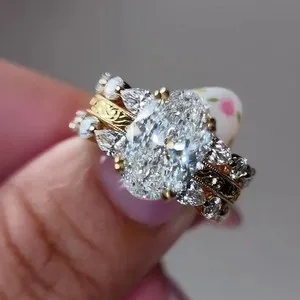 Authentic 5.30CTW Oval Cut Moissanite Enhance Set Engagement Ring 14K Yellow Gold Plated