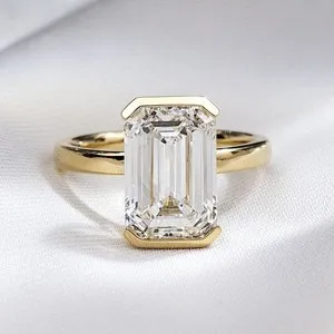 Authentic 8.60CT Emerald Cut Moissanite Half Bezel Engagement Ring 14K Yellow Gold Plated