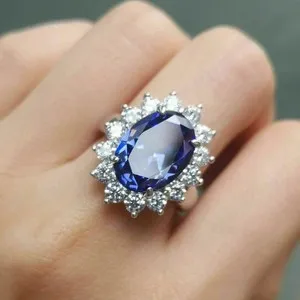 Authentic Lab Created Tanzanite 4Ct Oval Cut Halo Engagement Ring 14K White Gold Plated