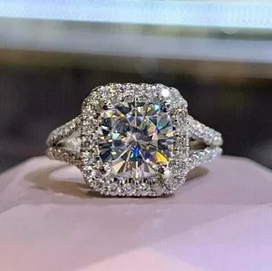 Authentic 4Ct Cushion Cut Moissanite Halo Engagement Ring 14K White Gold Plated