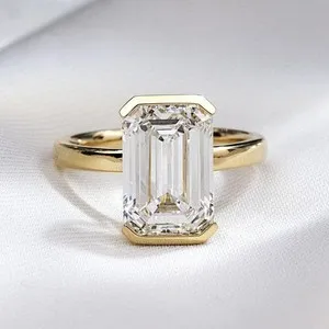 Authentic 5CT Emerald Cut Moissanite Half Bezel Engagement Ring 14K Yellow Gold Plated