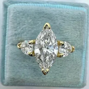 Authentic 3Ctw Marquise Cut Real Moissanite Engagement 3 Stone Ring 14K Yellow Gold Plated