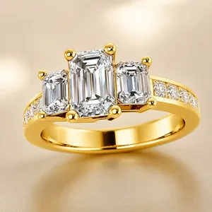 Authentic Certified Emerald Cut 14K Yellow Gold Plated Moissanite Engagement 3 Ct Ring