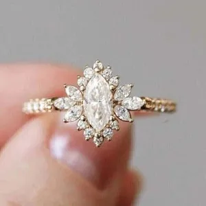 Authentic 14K Yellow Gold Plated Marquise Cut VVS1 Moissanite Wedding Engagement Halo Ring