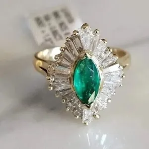 Authentic 14k Yellow Gold Plated Marquise Cut Simulated Green Emerald Engagement Ring