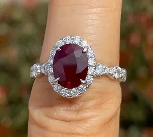 Authentic 2.10Ct Oval Cut Lab-Created Red Ruby Halo Engagement Ring 14K White Gold Plated