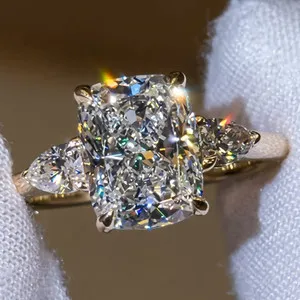 Authentic 3.10CTW Cushion Cut Moissanite Three Stone Engagement Ring 14K White Gold Plated