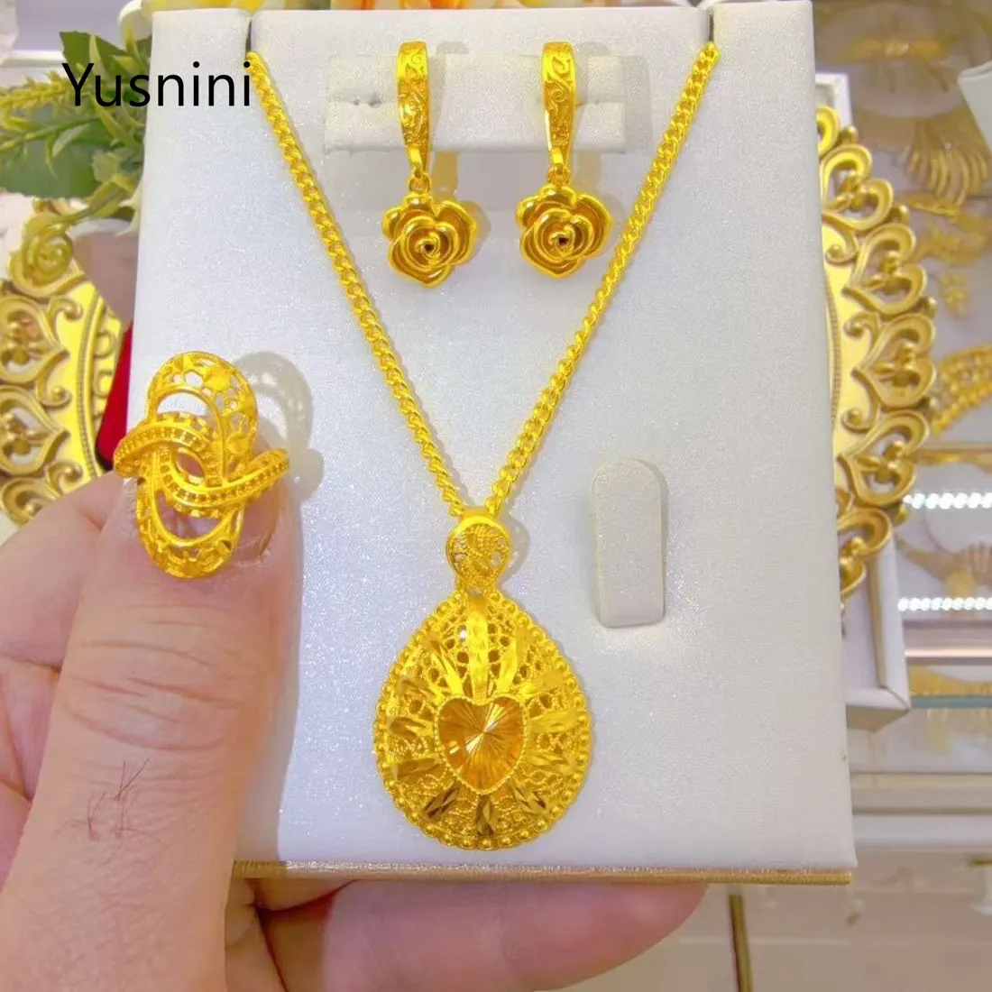 Authentic Dubai High end 24K Gold Plated Necklace Earrings Exquisite Engagement Party Jewelry Set for Lovers