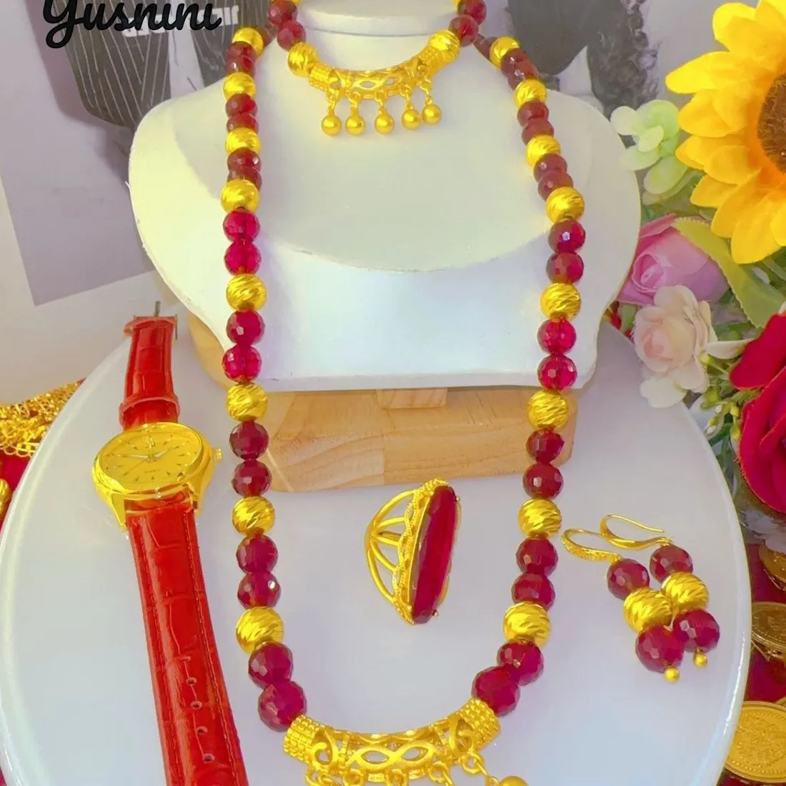 Authentic Dubai Women's 24K Gold Plated Necklace Earrings Rings Bracelets Exquisite Engagement Jewelry Set for Lovers DD11044