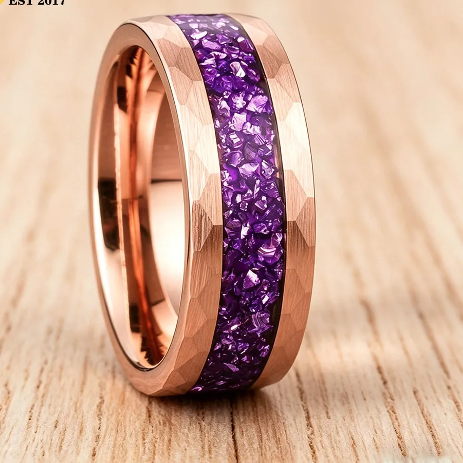 Authentic 4MM 8MM Hammered Men and Women Wedding Ring Inlaid Purple Glass Stone，Couple's Ring, Engagement Party Jewelry
