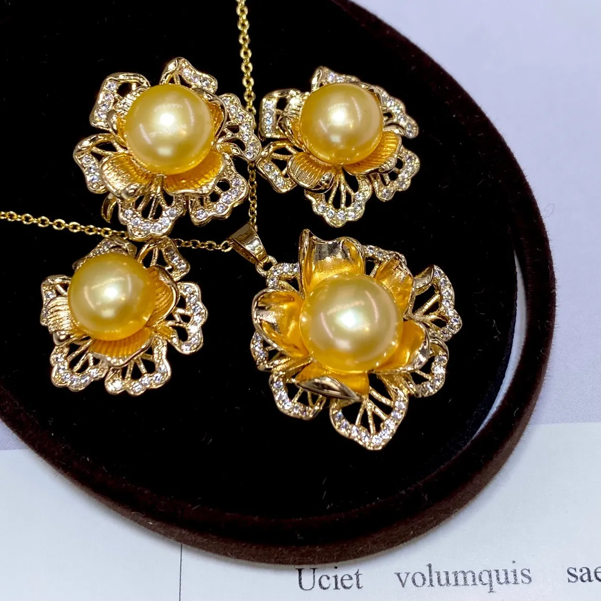 Authentic One Set Freshwater Pearl Yellow Pendant Necklace Earring Ring for Woman