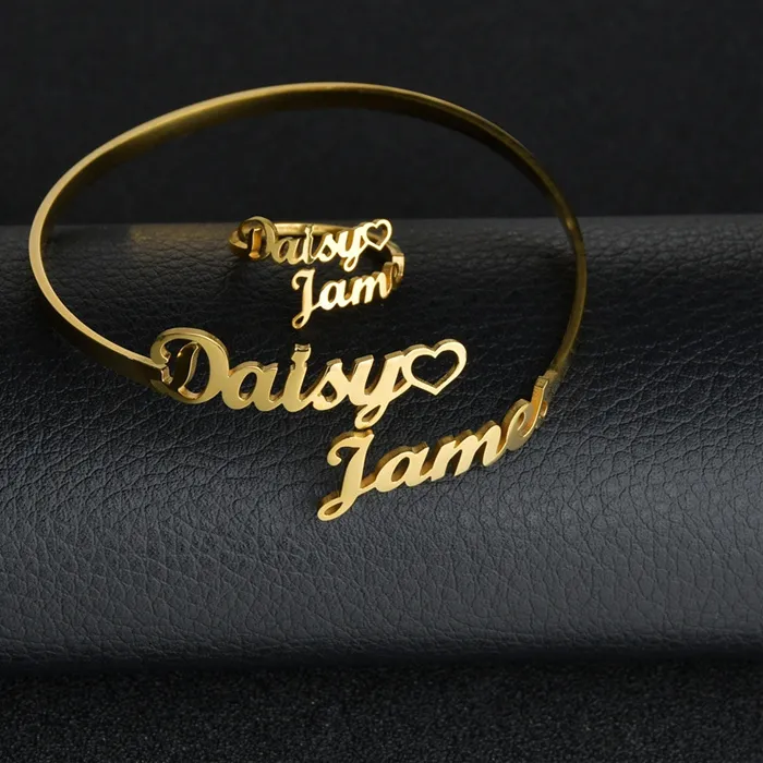 Authentic Personalized Customized Custom Double Names Hollow Heart Bangle Adjustable Bracelet And Ring Sets Jewelry