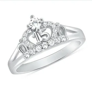 Authentic 925 Sterling Silver Sweet 15 Quinceanera Crown Cz Ring White Gold Plated