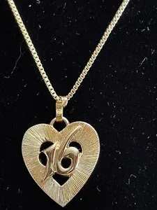 Authentic Monet Necklace Signed Sweet 16 Heart Pendant Ribbed 19" Chain Gold Plated MCM