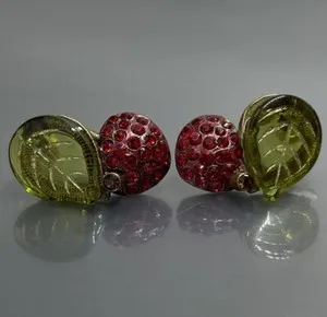 Authentic Sweet Romance USA Earrings Pierced Gold Plated Crystal Cherry Green Glass Leaf