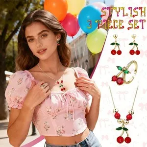 Authentic Women Red Cherry Gold Plated Jewelry Set Cute Sweet Necklace Earring Ring