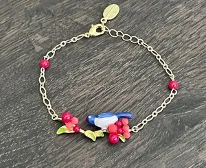 Authentic Bill Skinner Painted Enamel Gold Plated Sweet Cherry Lovely Bird Bracelet
