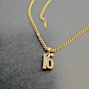 Authentic Sweet 16 Birthday Number 16 Pendant with CZ's and 18" chain 24k Gold Plated