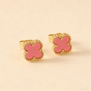 Authentic Dainty 18K Gold Plated Lucky Four Leaf Clover Stud Earrings Women Jewellery