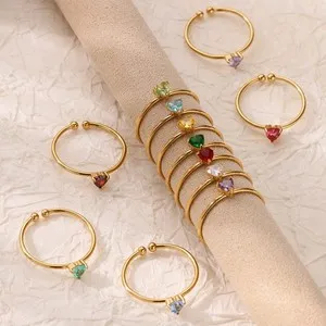 Authentic Women's 18K Gold Plated Heart Birthstone Cuff Rings Sweet For Her