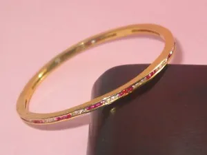 Authentic Sweet Vintage Gold Plated Little Slip On Bangle Bracelet With Red & White Stones